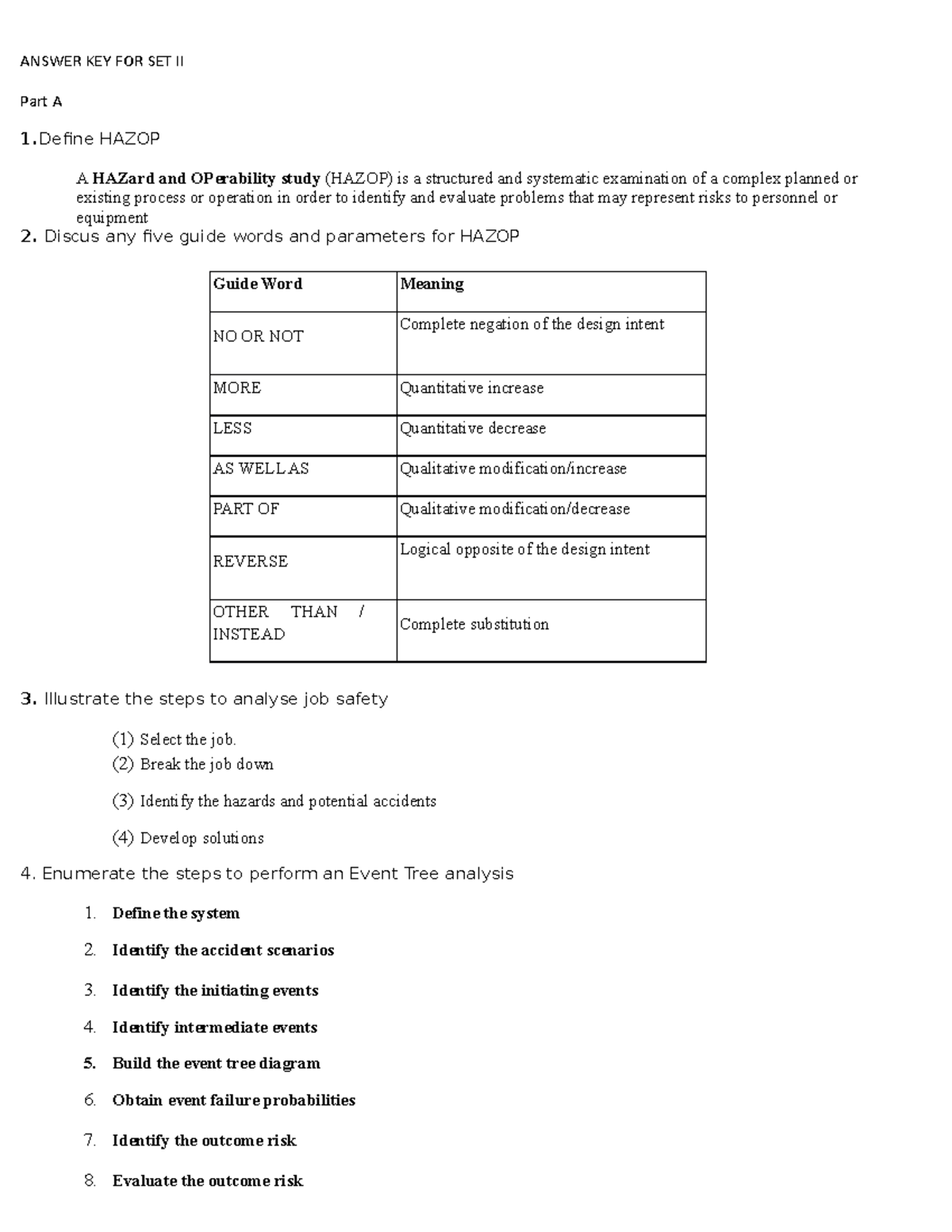 Answer key safety set II - ANSWER KEY FOR SET II Part A 1 HAZOP A ...