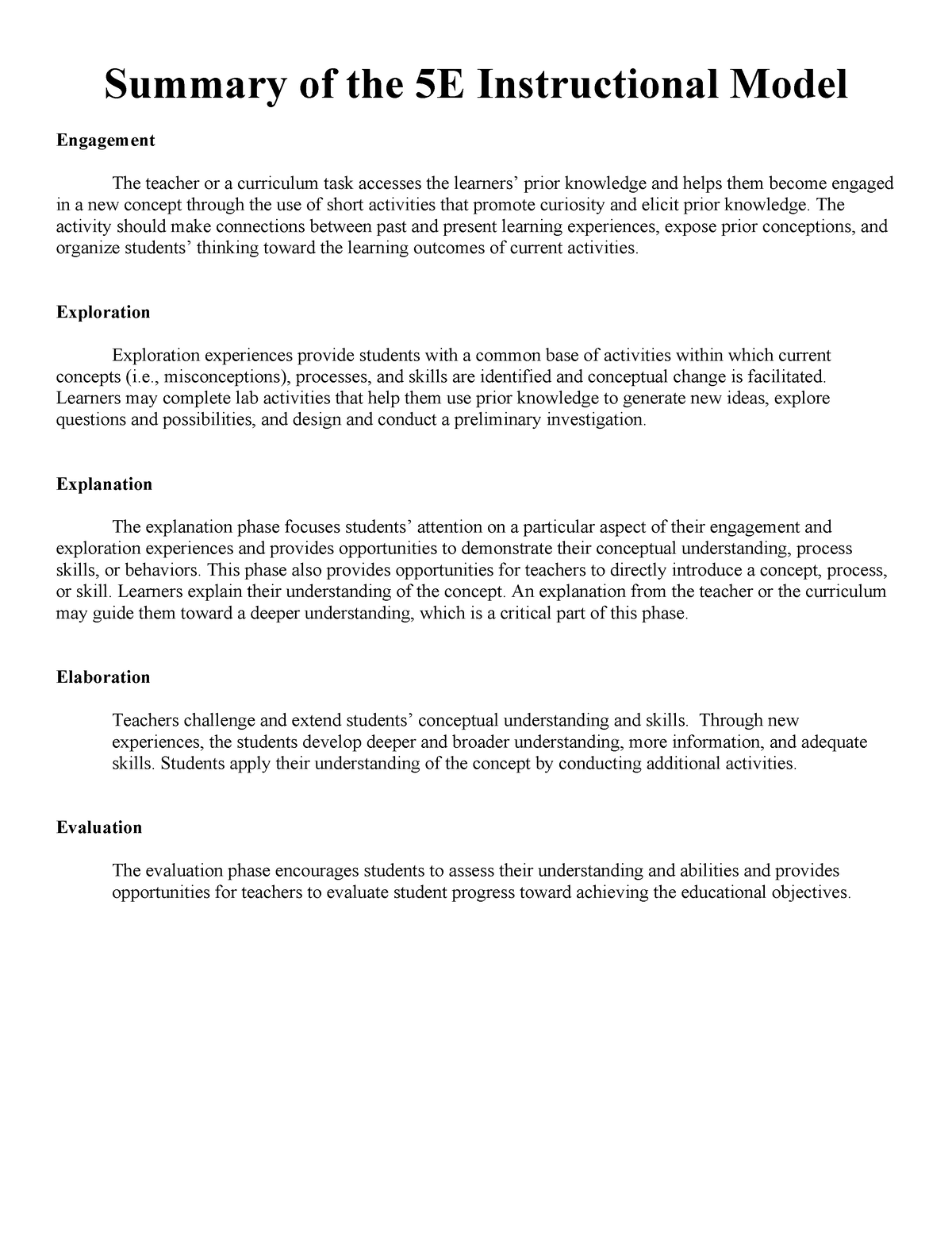 5E Model Summary - Summary Of The 5E Instructional Model Engagement The ...