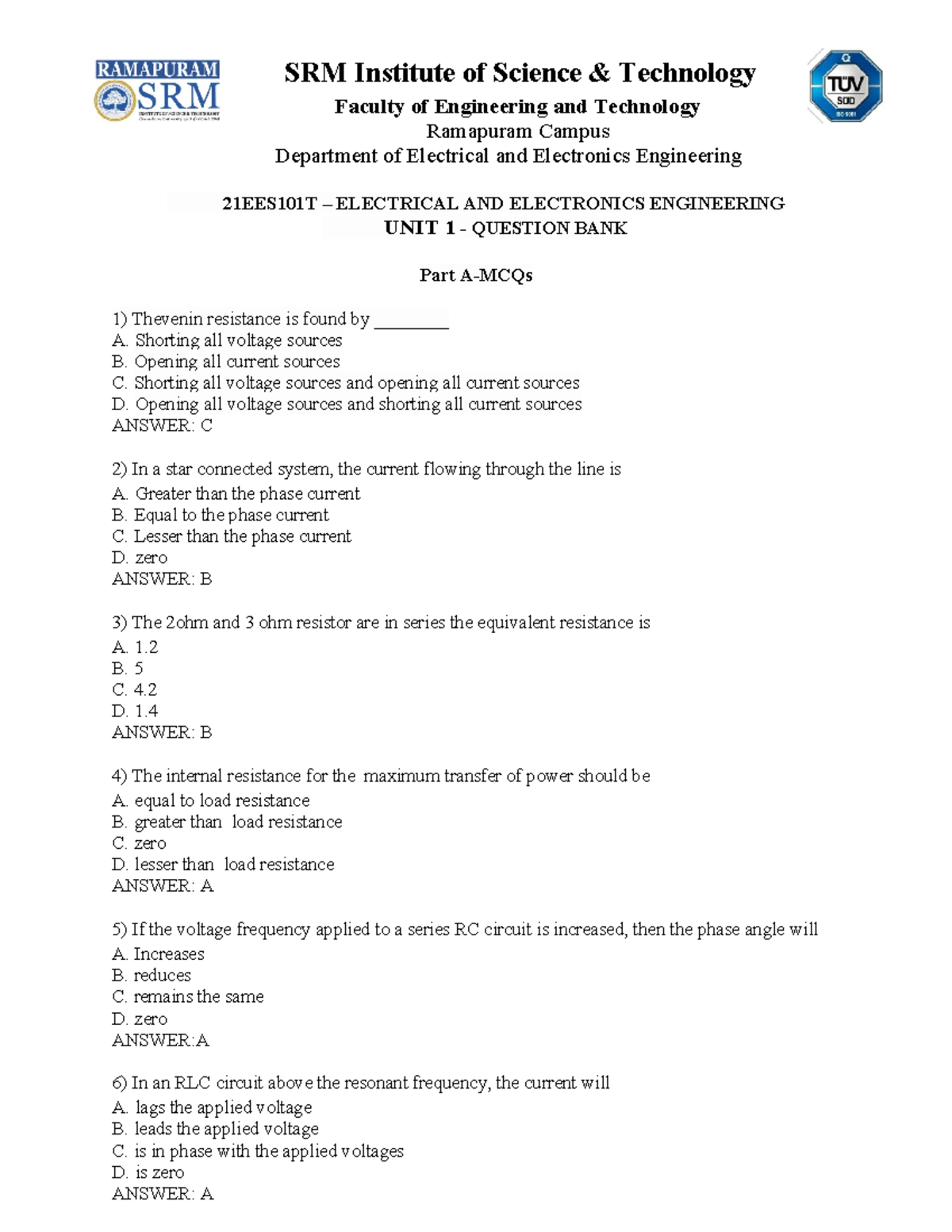 Unit 1 EEE Question BANK - SRM Institute of Science & Technology ...