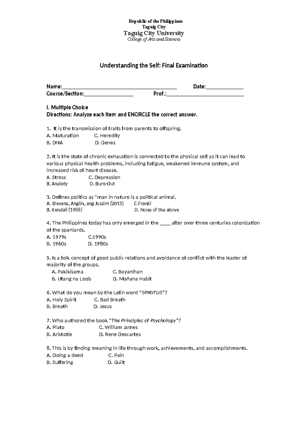 UTS-final-exam - understanding the self question from 1 sem lesson ...