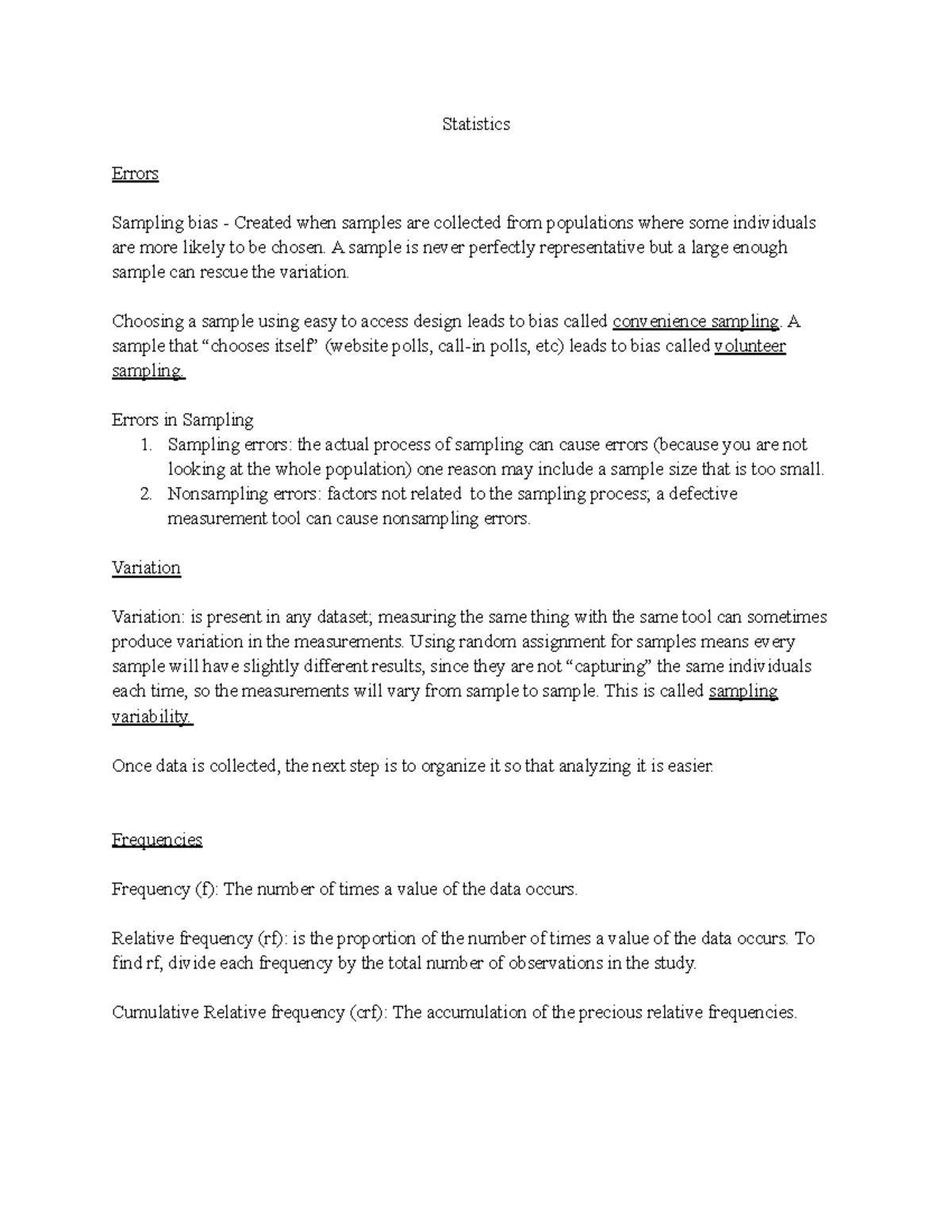 Statistics Notes 2 - Statistics Errors Sampling bias - Created when ...
