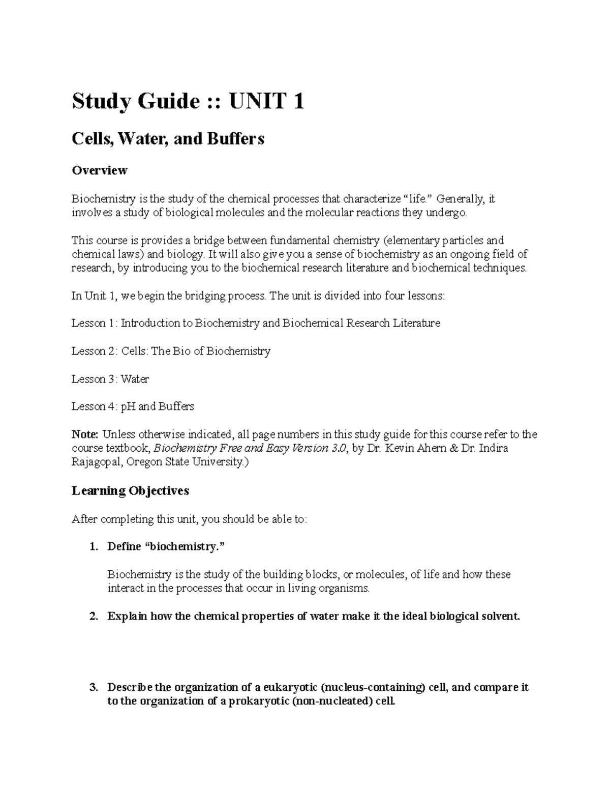 Study Guide - UNIT 1 - Cells, Water, and Buffers - Study Guide :: UNIT ...