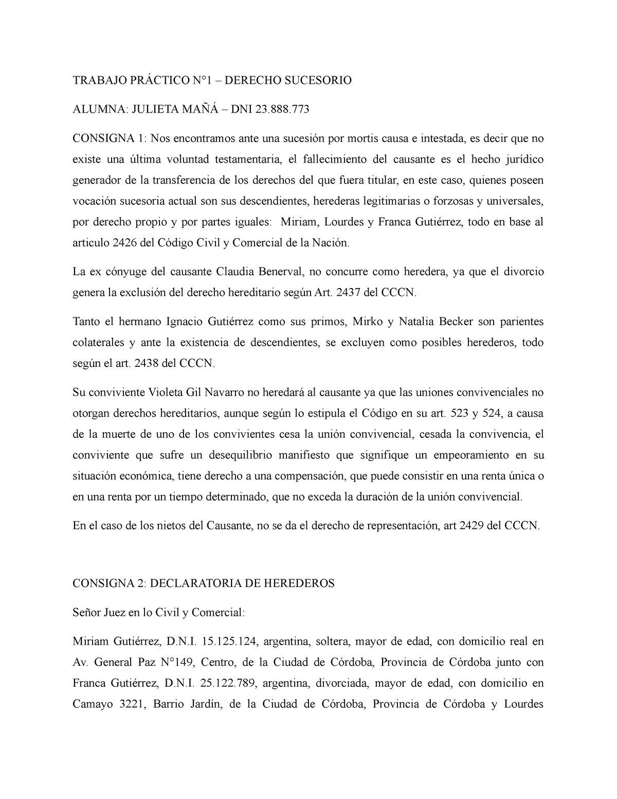 Derecho Sucesorio Tp1 Primer Trabajo Practico Trabajo PrÁctico N°1 Derecho Sucesorio 5262