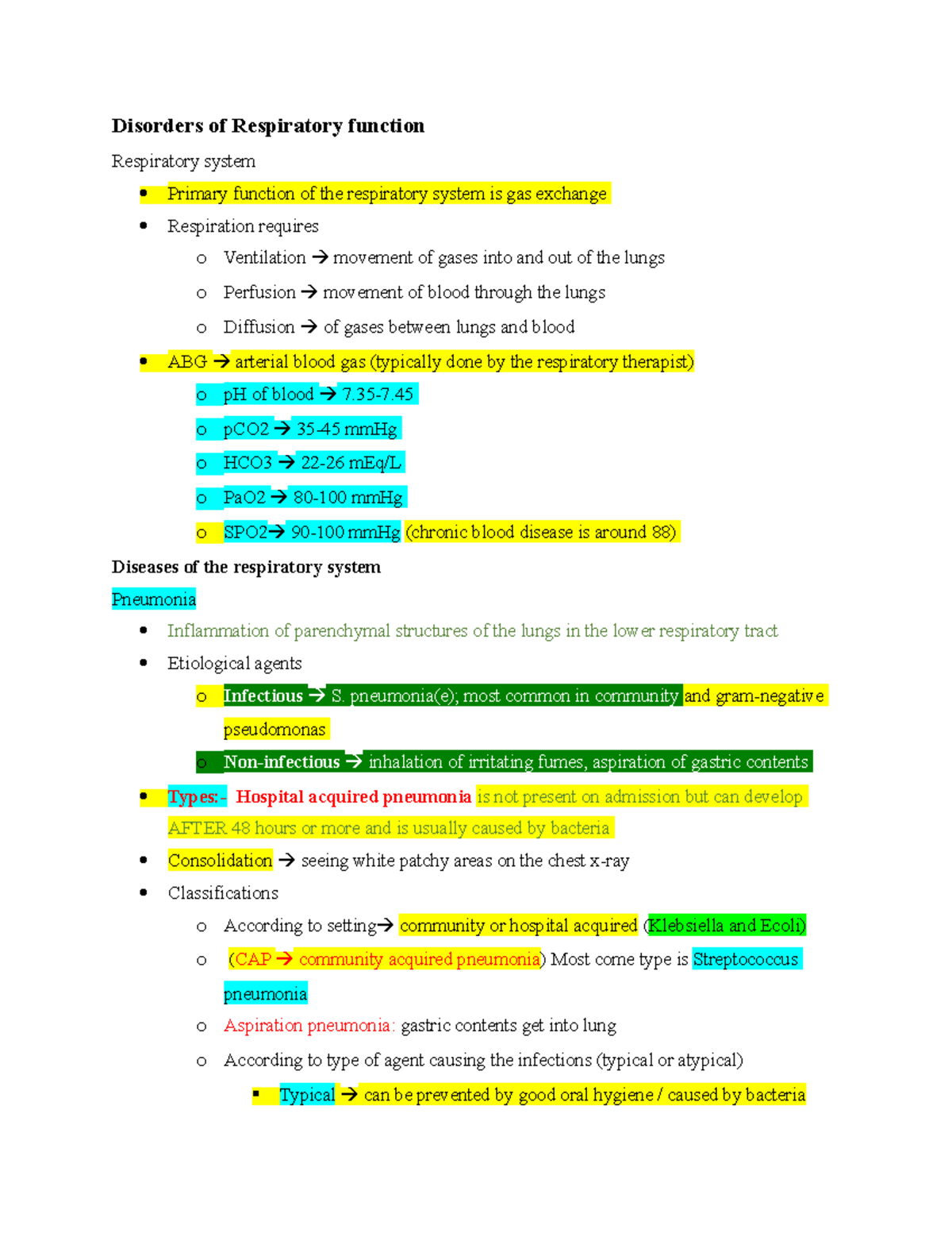 Patho exam ##3 - notes - Disorders of Respiratory function Respiratory ...