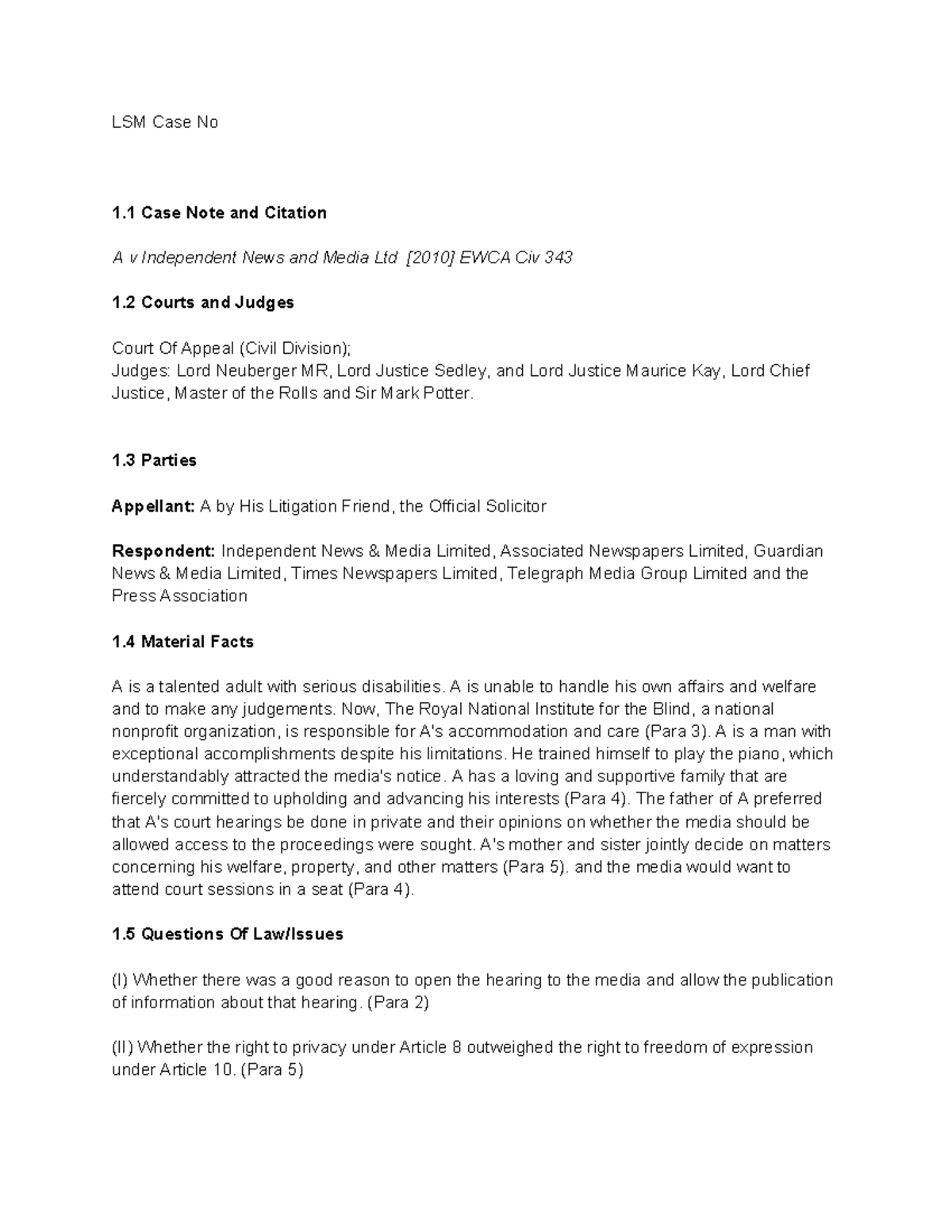 Legal System and Method - LSM Case No 1 Case Note and Citation A v ...
