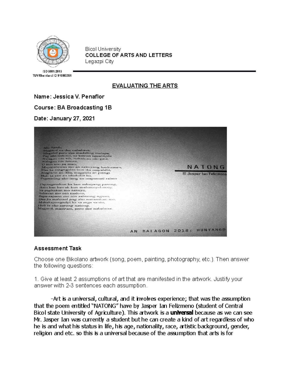 Evaluating THE ARTS the best Bicol University COLLEGE OF ARTS AND