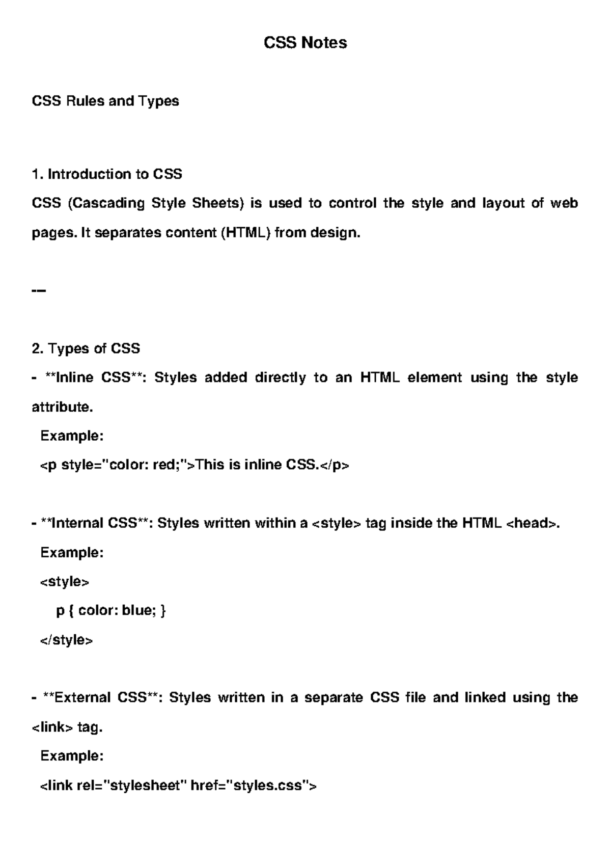3 CSS Notes - revision - CSS Notes CSS Rules and Types Introduction to ...