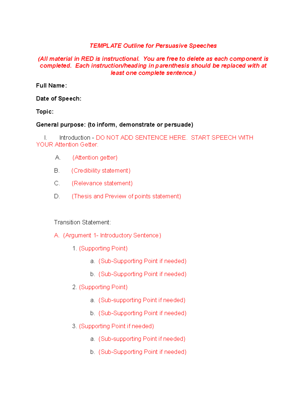 Persuasive Speech Template Outline - TEMPLATE Outline For Persuasive ...