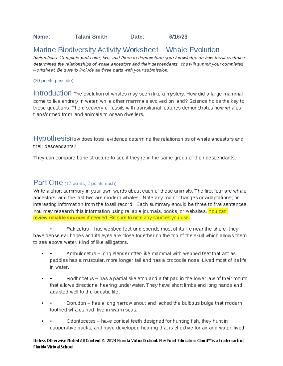 Biodiversity activity worksheet T.A.K.S Name_Talani Smith Date6/16/23 Marine Biodiversity