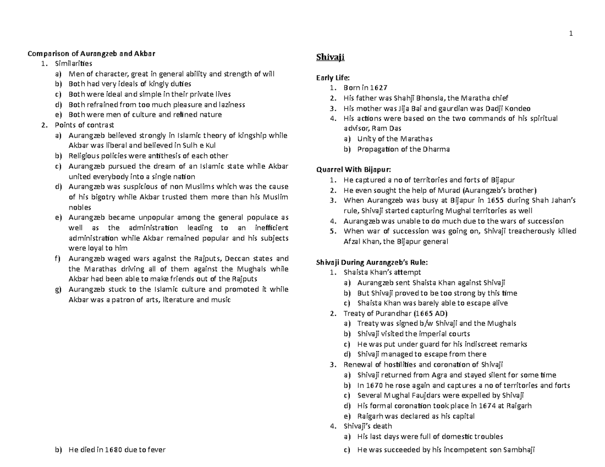 Indo Pak History Notes For Css-65-67 - 1 Comparison Of Aurangzeb And 