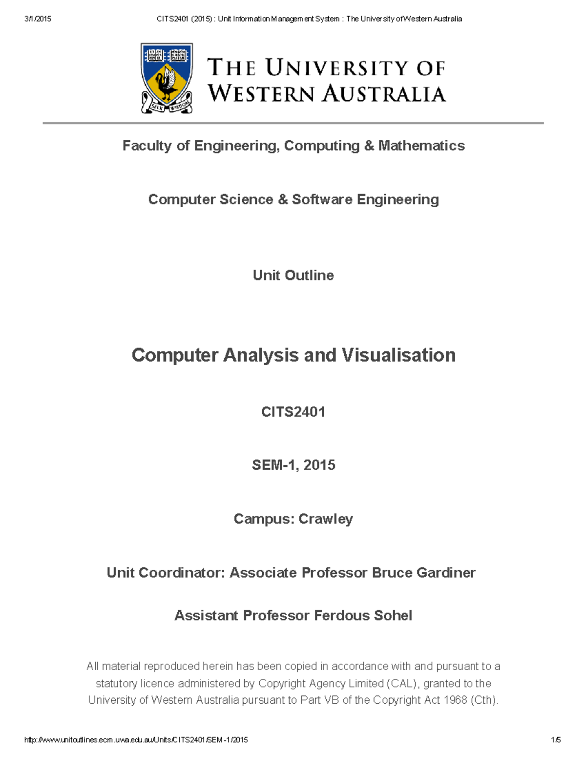 Unit Outline - Faculty of Engineering, Computing & Mathematics Computer ...