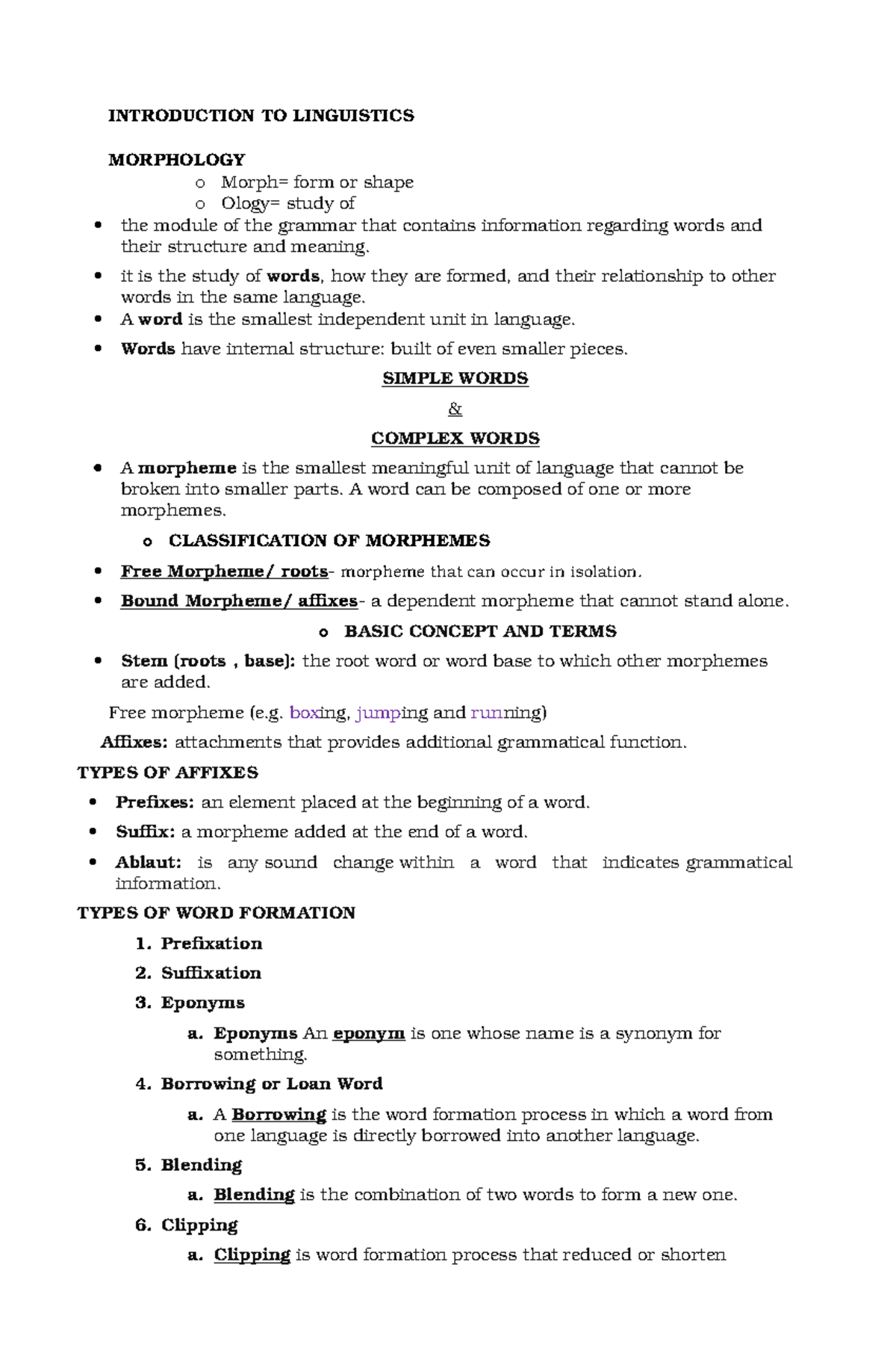 Morphology - Lecture notes 2 - Introduction to Linguistics - PangSU ...