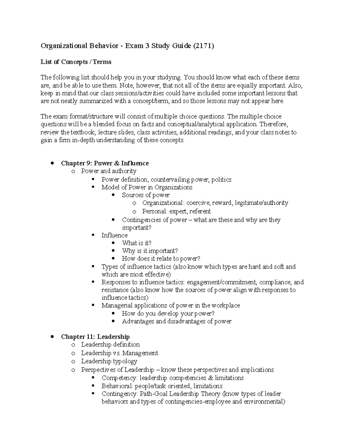 Exam 3 Study Guide 2171 - Organizational Behavior - Exam 3 Study Guide ...