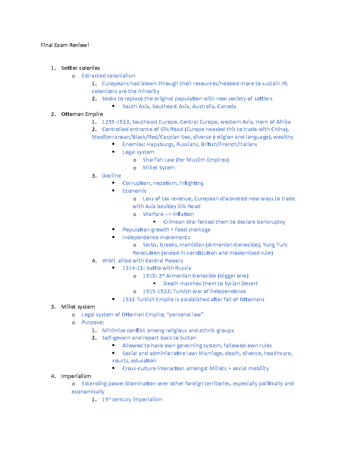 Hist 223 Final study guide - Final Exam Review! Settler colonies o ...