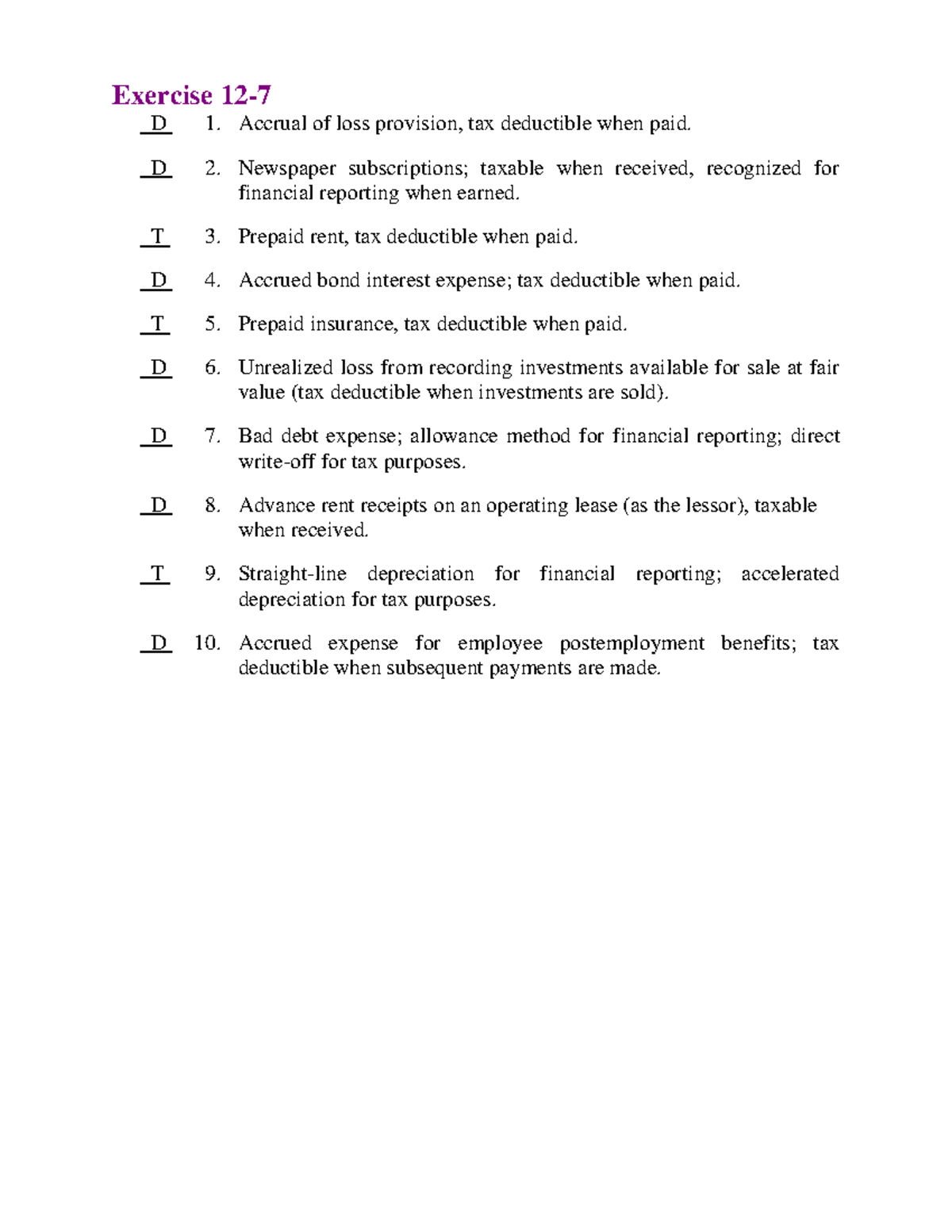 Spiceland Answers Tax D 1. Accrual of loss provision, tax deductible when paid. D 2