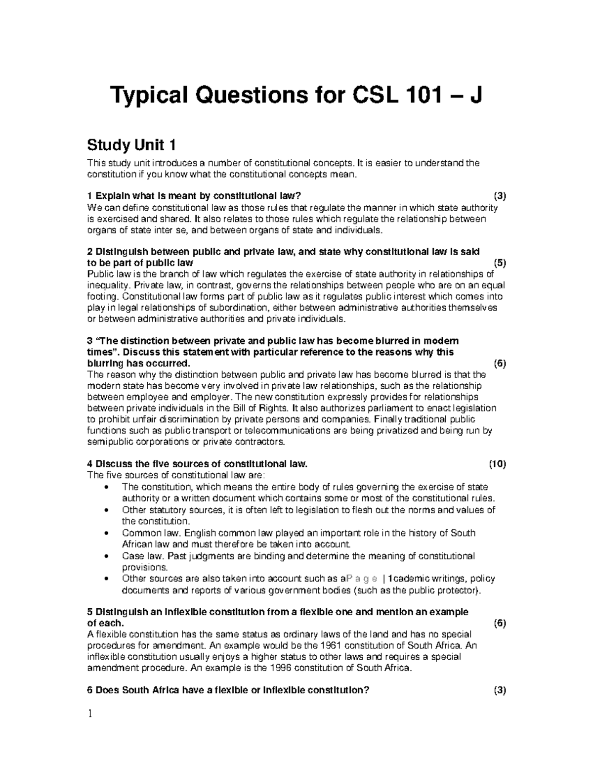 CON LAW Questions & Answers Typical Questions for CSL 101 J Study