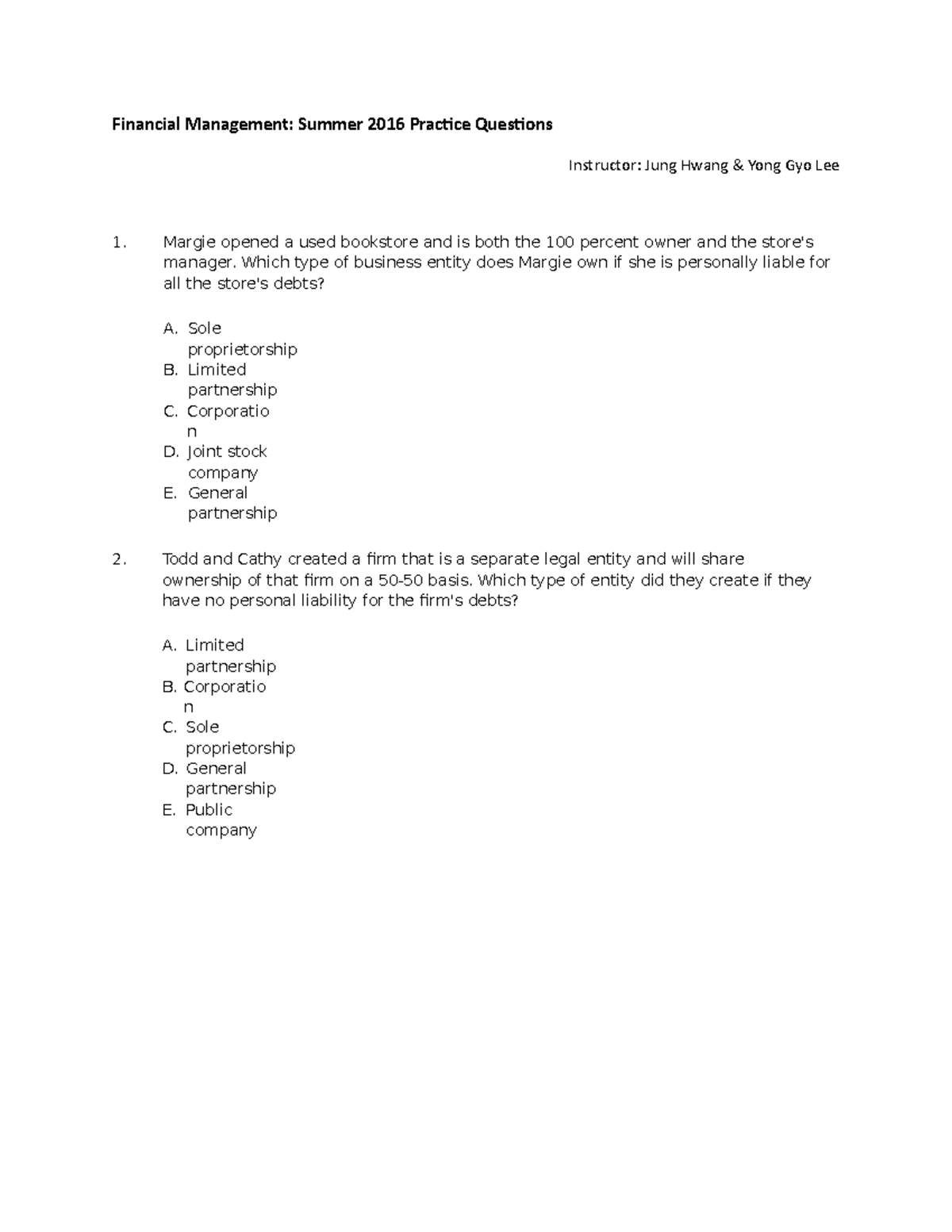 Financial Management Practice Questions Financial Management Summer
