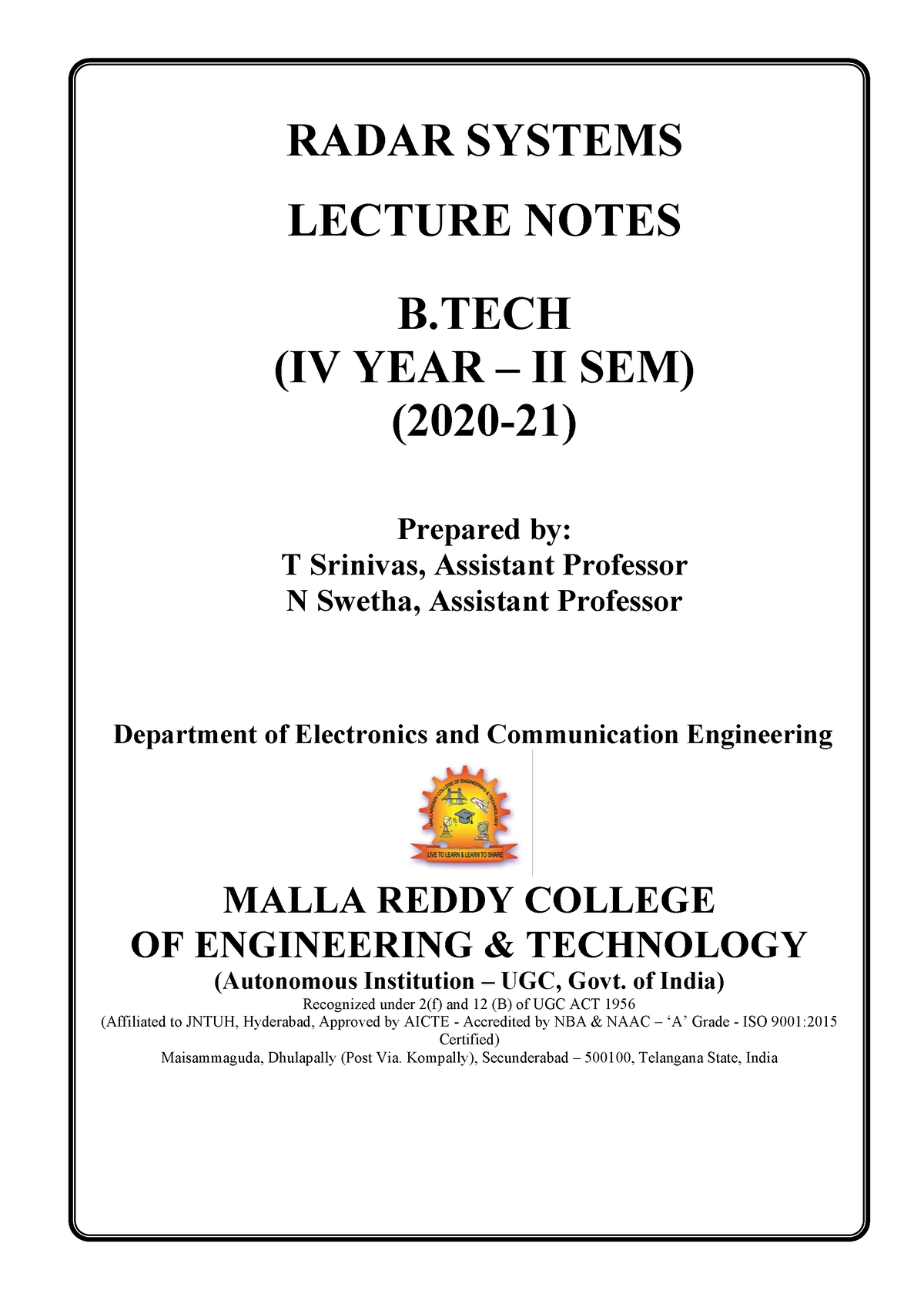 Radar Systems - RADAR SYSTEMS LECTURE NOTES B (IV YEAR – II SEM) (2020 ...