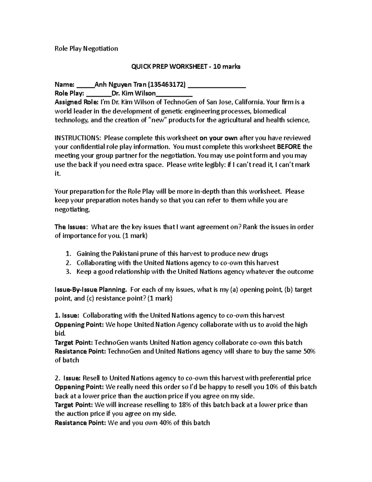 Role Play Quick Prep Worksheet - Role Play Negotiation QUICK PREP ...