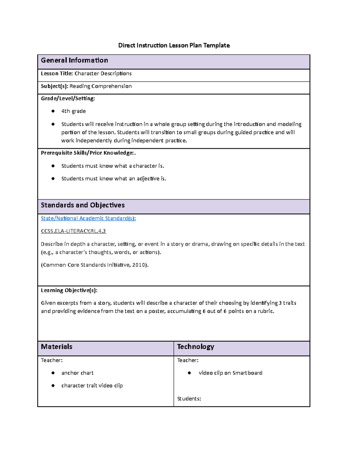 Reading Methods Lesson Plan Direct Instruction Lesson Plan Template 