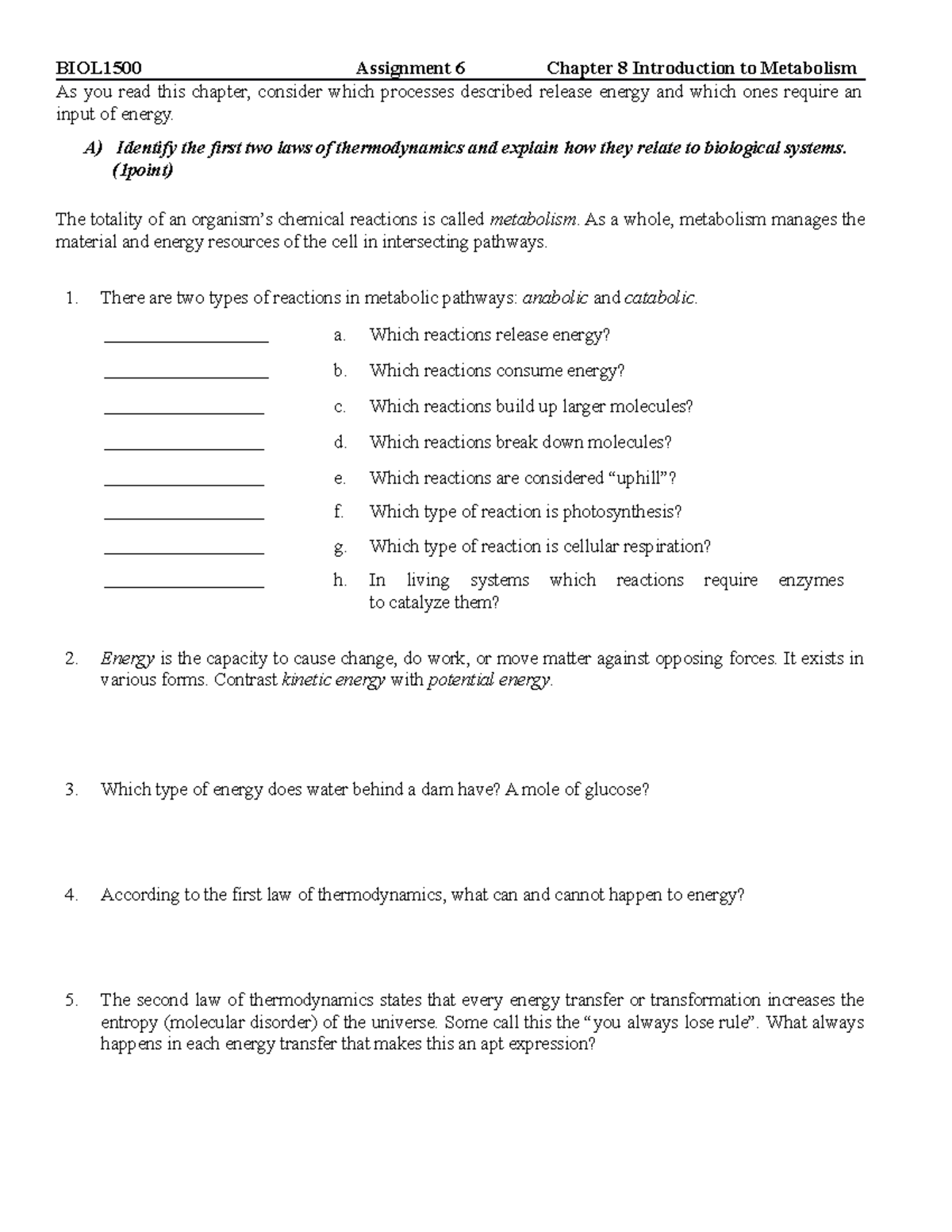 Assig 6 Chapter 8 Assignment - BIOL1500 Assignment 6 Chapter 8 ...