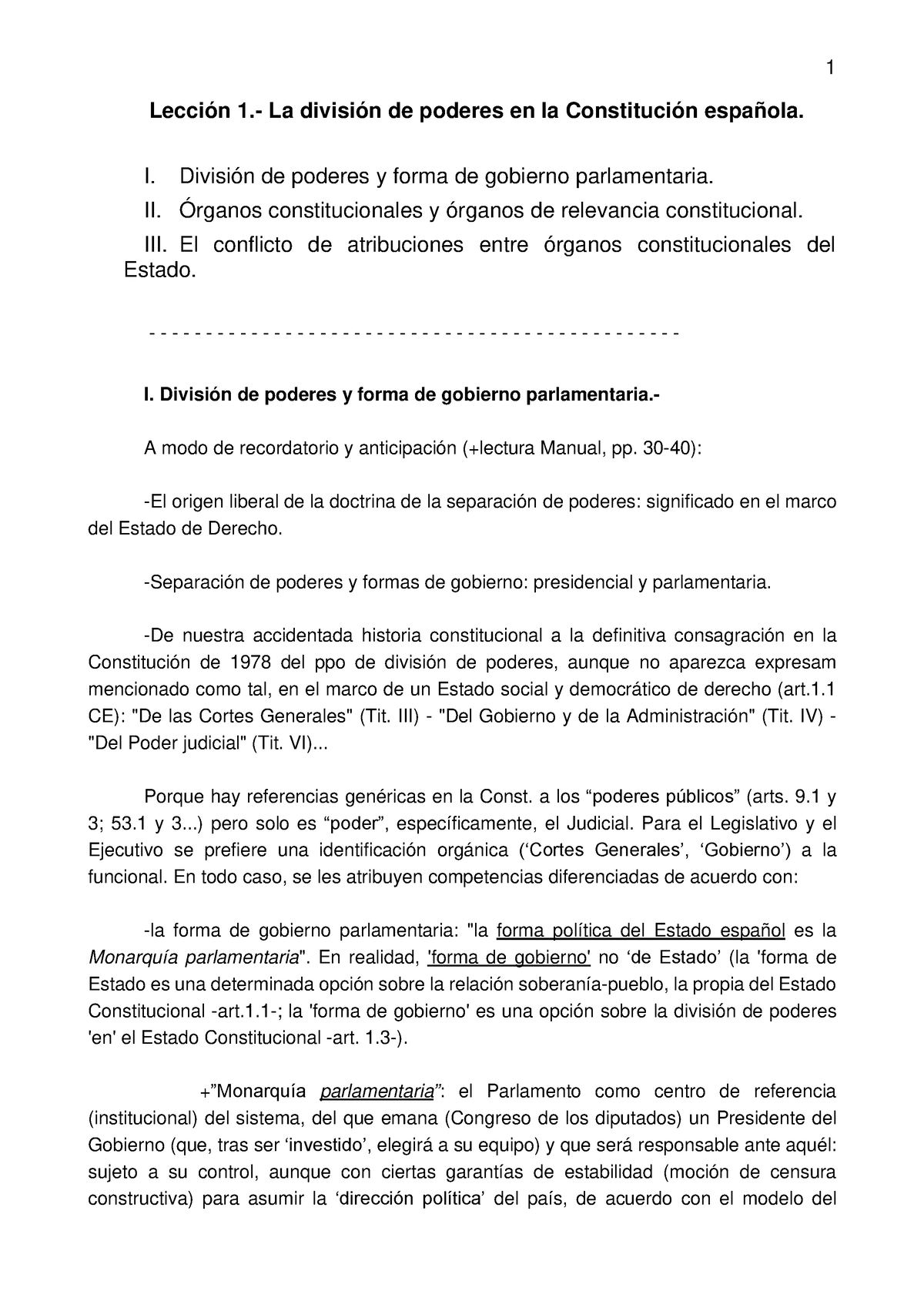 Tema 1 Consti Ii Lección 1 La División De Poderes En La Constitución Española I División 1093