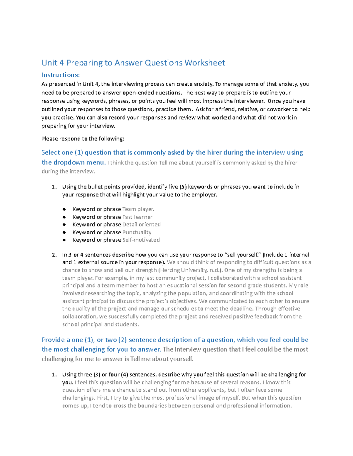 Unit 4 Preparing to Answer Questions Worksheet - Studocu