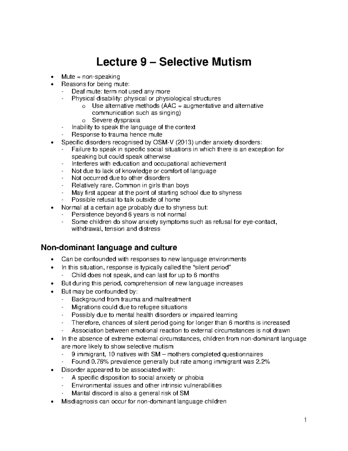 Lecture 924 Lecture 9 Selective Mutism Mute Reasons for being mute Deaf mute term not used