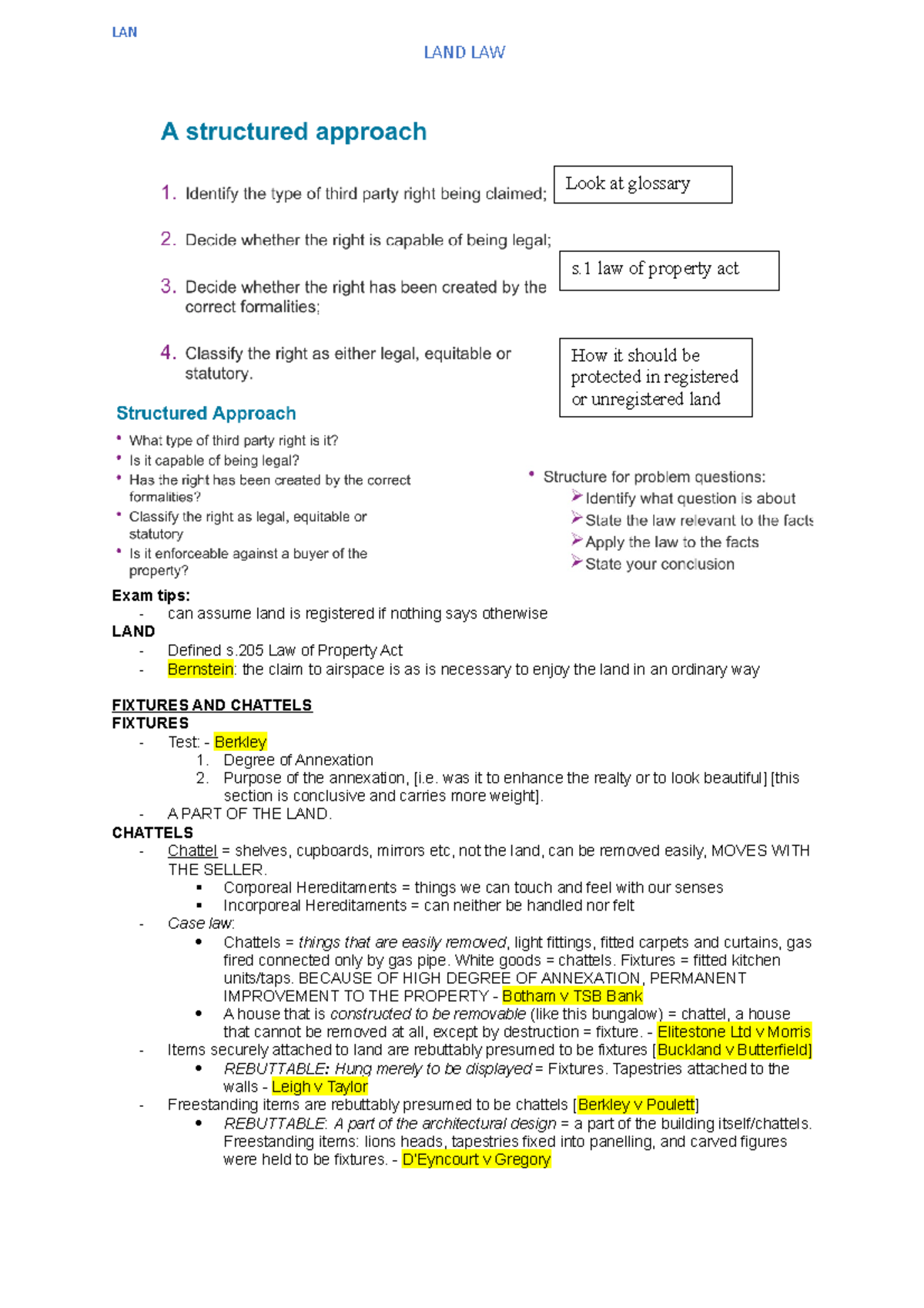Land Law Revision Transcript LAND LAW Exam tips can assume land is