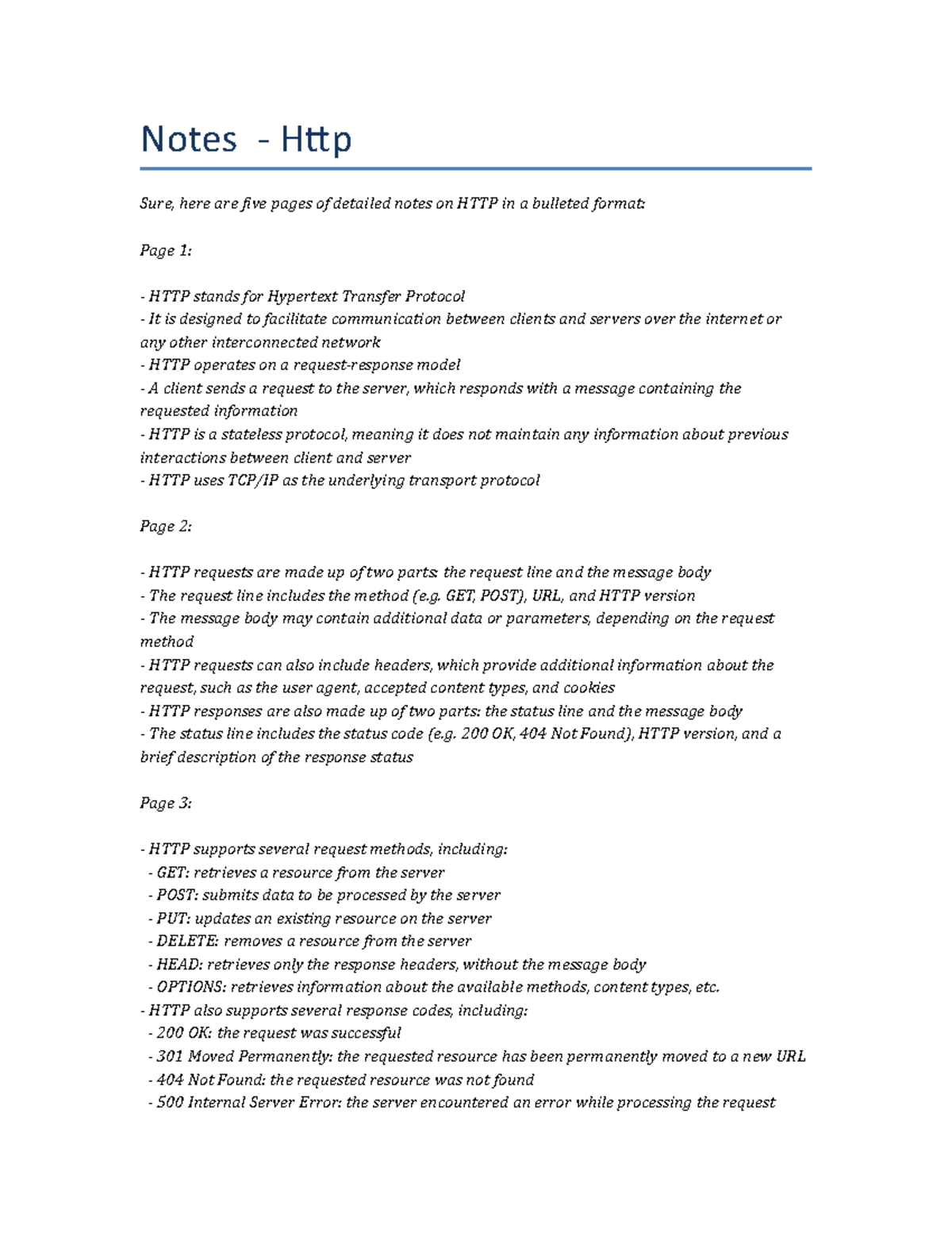 Lecture notes - Http - Notes - Http Sure, here are five pages of ...