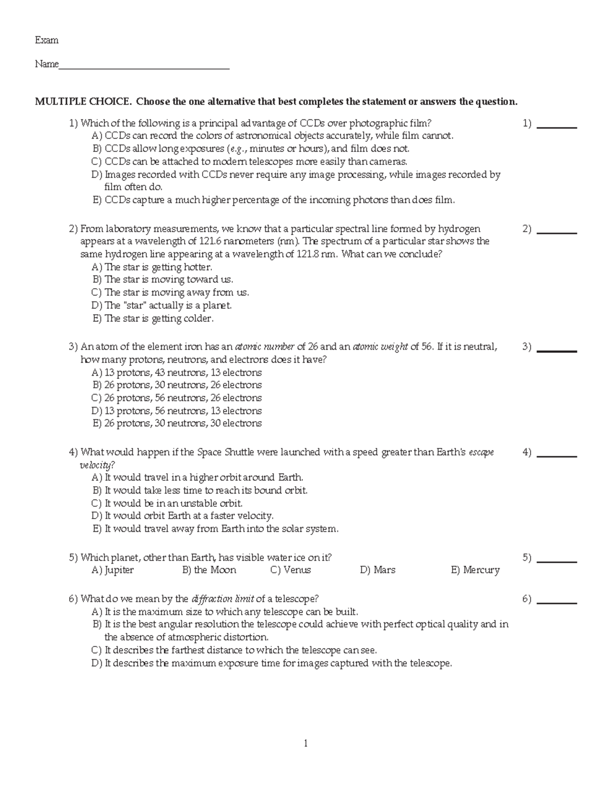 Sample/practice exam 2018, questions - 1) A) B) C) D) E) 1) 2) A) B) C ...