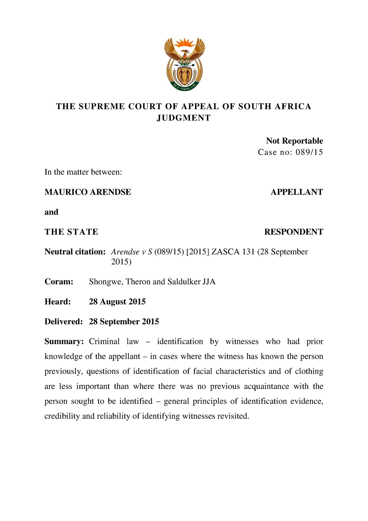 Arendse v S - SUMMARIES AND FEEDBACK FROM LECTURES - THE SUPREME COURT ...