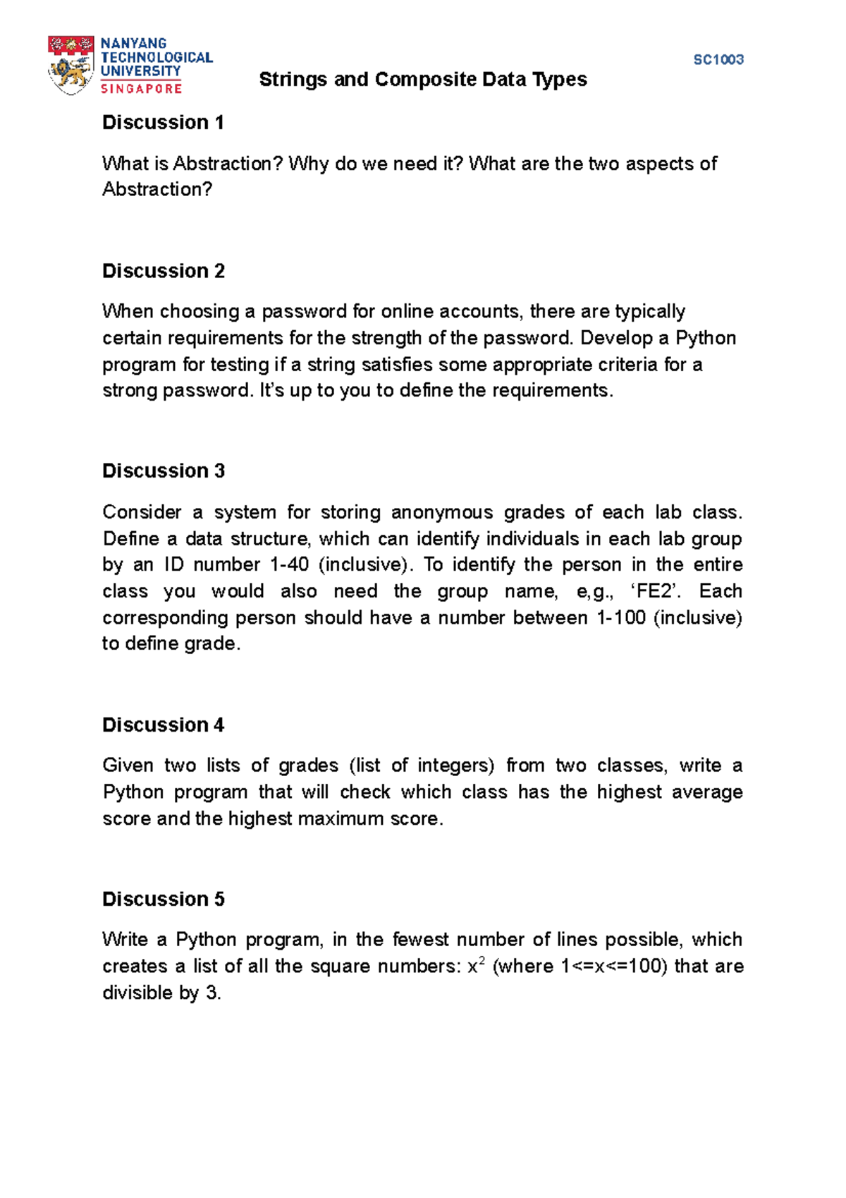 SC1003 Discussion 3 Question (String Data Structure) SC Strings and