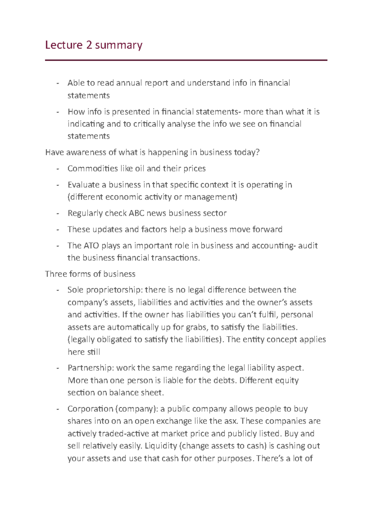 Lecture 2 summary - Lecture 2 summary Able to read annual report and ...