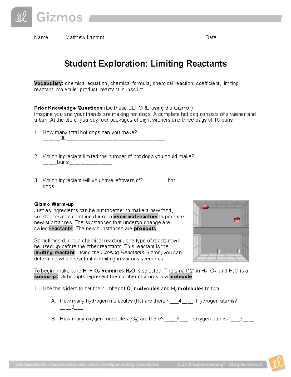 Copy Of Limiting Reactants SE - Name: Matthew Lamont ...