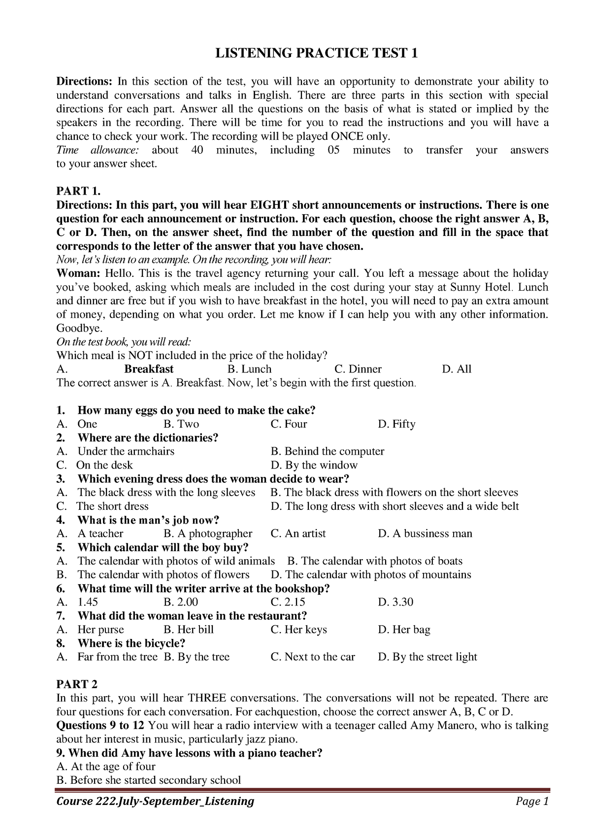 Listening 222 (test 1,2) - LISTENING PRACTICE TEST 1 Directions: In ...