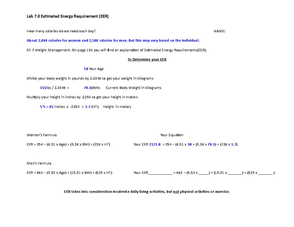 Activity 7.0 EER - Estimating Your Energy Requirement - Lab 7 Estimated ...