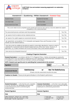 Assessment 1 – Questioning – Written Assessment - Auretr 012 - Assessor ...