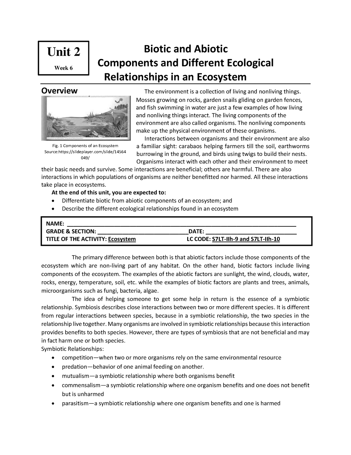 ECOLOGICAL RELATIONSHIP WORKSHEET - Biotic And Abiotic Components And ...