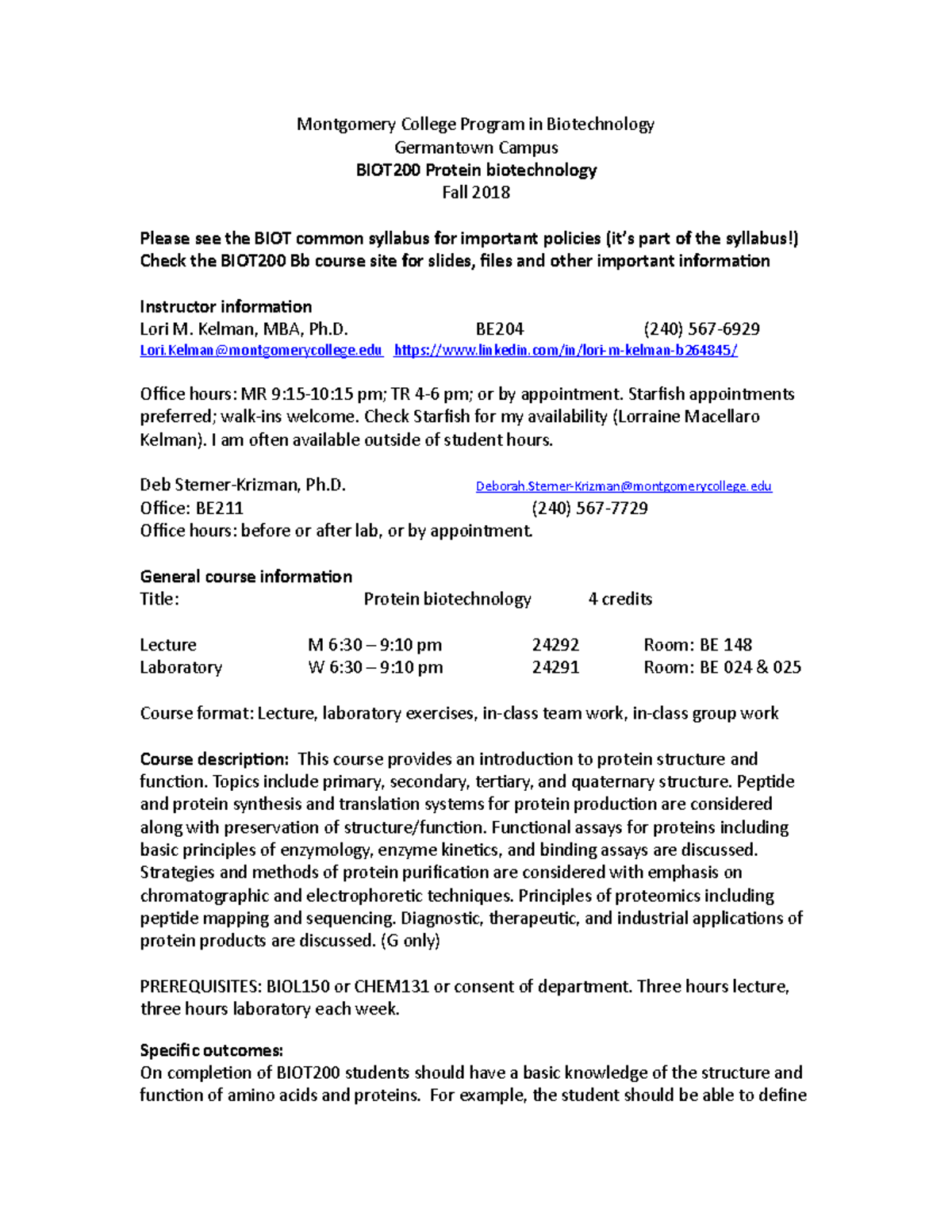 BIOT 200 Syllabus Montgomery College Program in Biotechnology