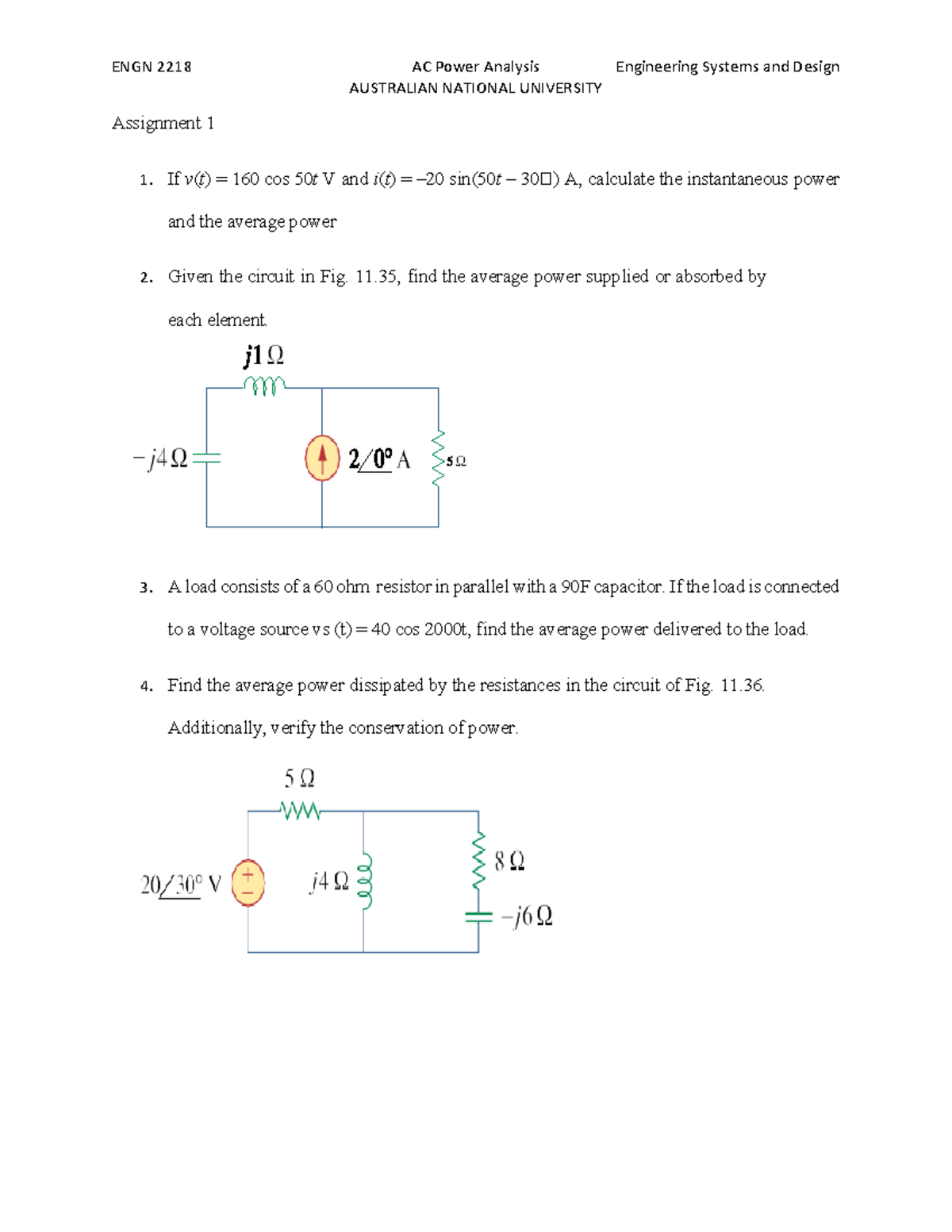 Assignment 1 ENGN 2218 - ENGN 2218 AC Power Analysis Engineering ...