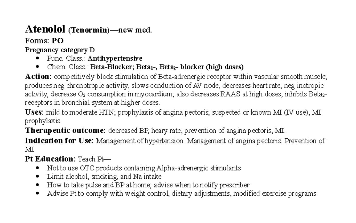 Atenolol tenormin Med Card Atenolol Tenormin new Med Forms PO 