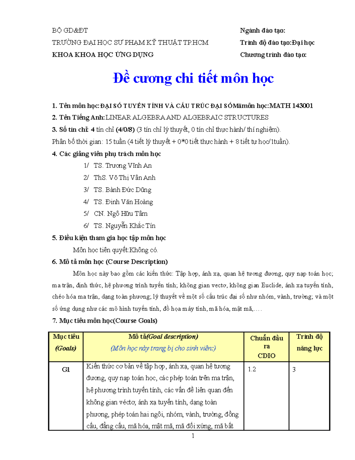 De Cuong ĐSTT-CTĐS - No Des - BỘ GD&ĐT Ngành đào Tạo: TRƯỜNG ĐẠI HỌC SƯ ...