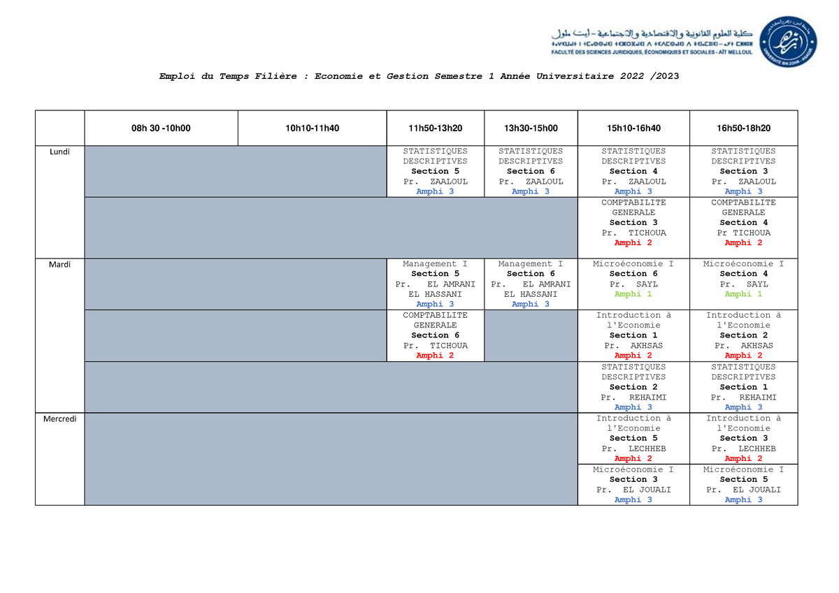 Emploi S1 Session 2223 - Emploi du Temps Filière : Economie et Gestion ...
