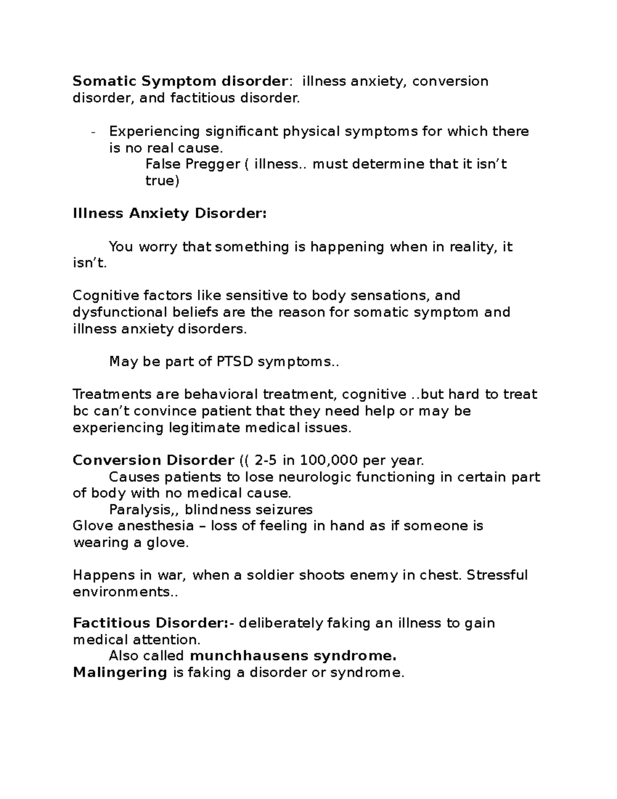 Study Guide Test 2 Somatic Symptom disorder illness anxiety