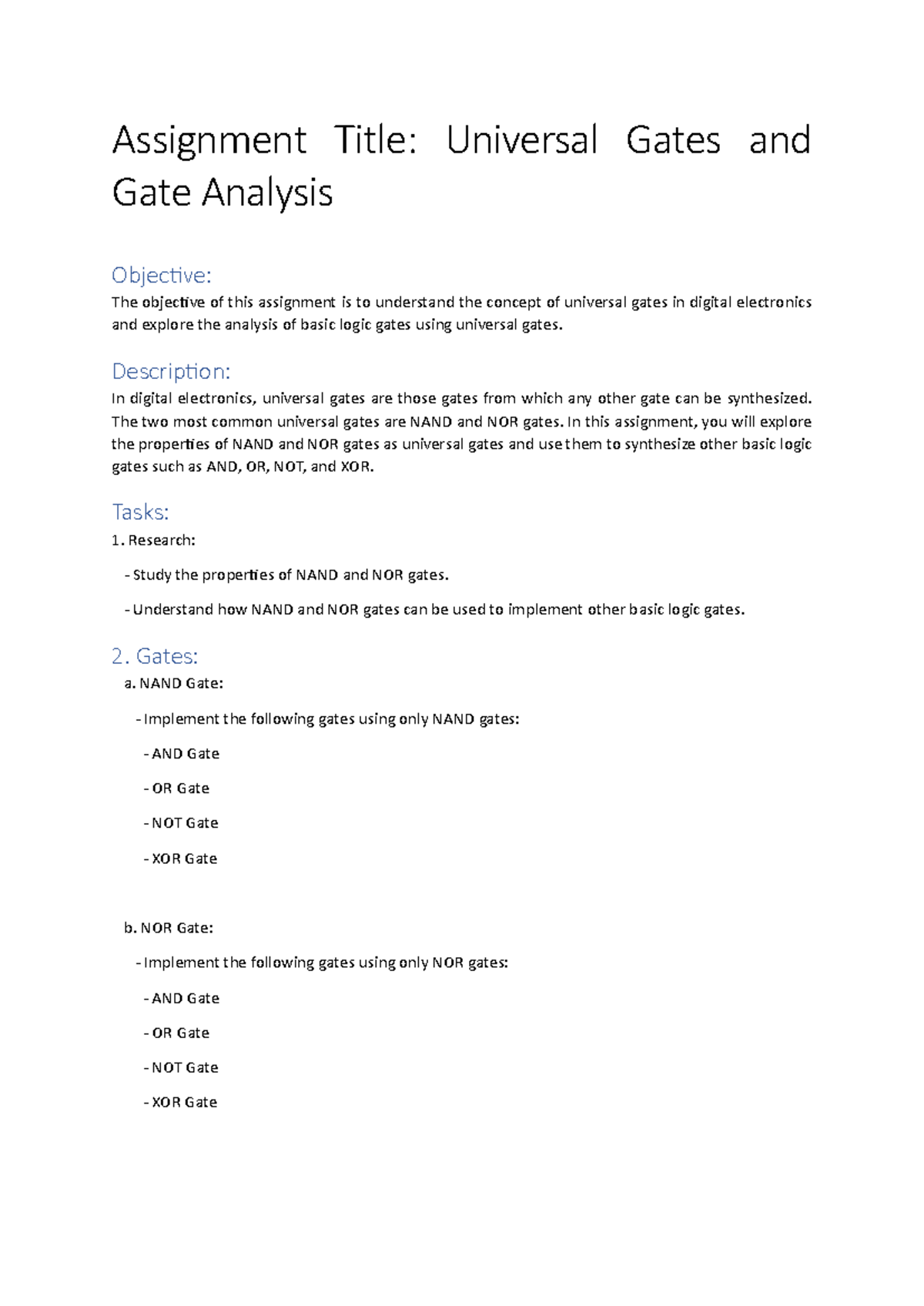 Assignment 1 DLD - Assignment Title: Universal Gates and Gate Analysis ...