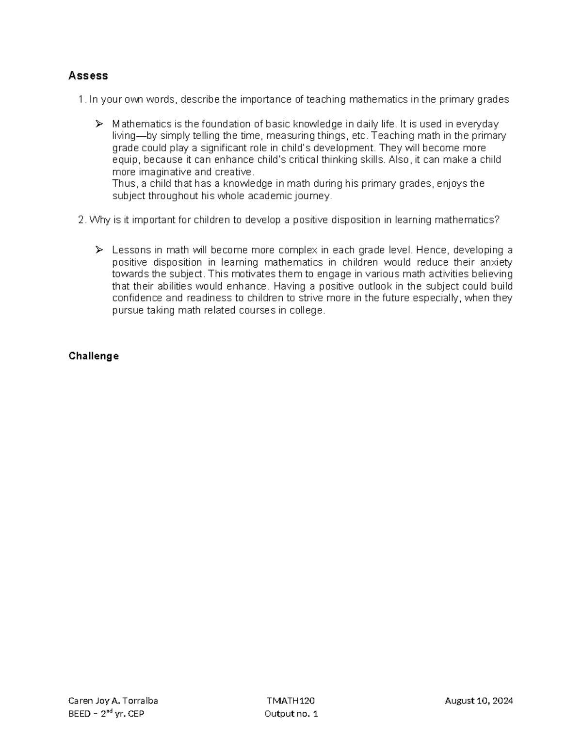 MATH Output - u;fd987;8907 - Assess 1. In your own words, describe the ...