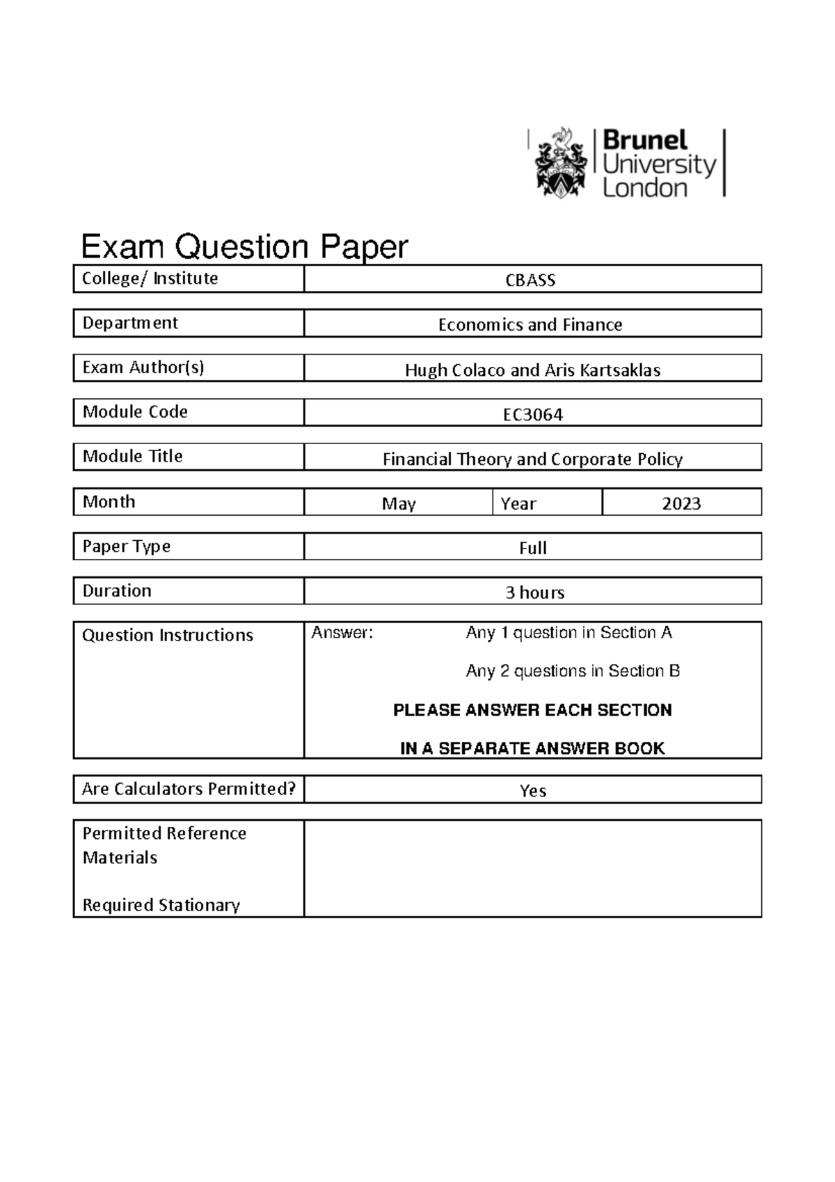 EC3064 2022-23 Final Exam Section B - Exam Question Paper College ...