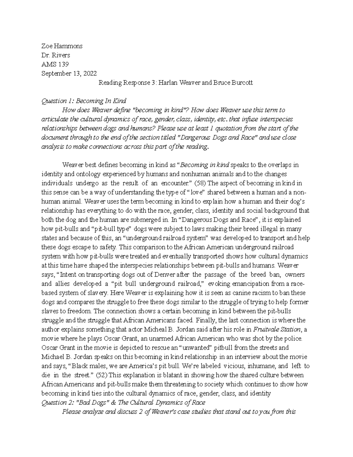 Reading Response 3 AMS 139 - Zoe Hammons Dr. Rivers AMS 139 September ...