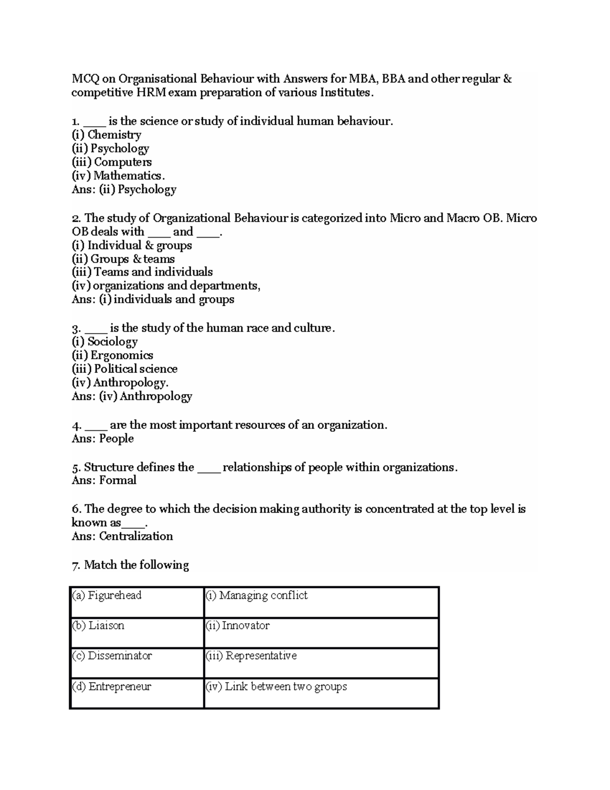 MCQ On Organisational Behaviour With Answers For MBA - ___ Is The ...